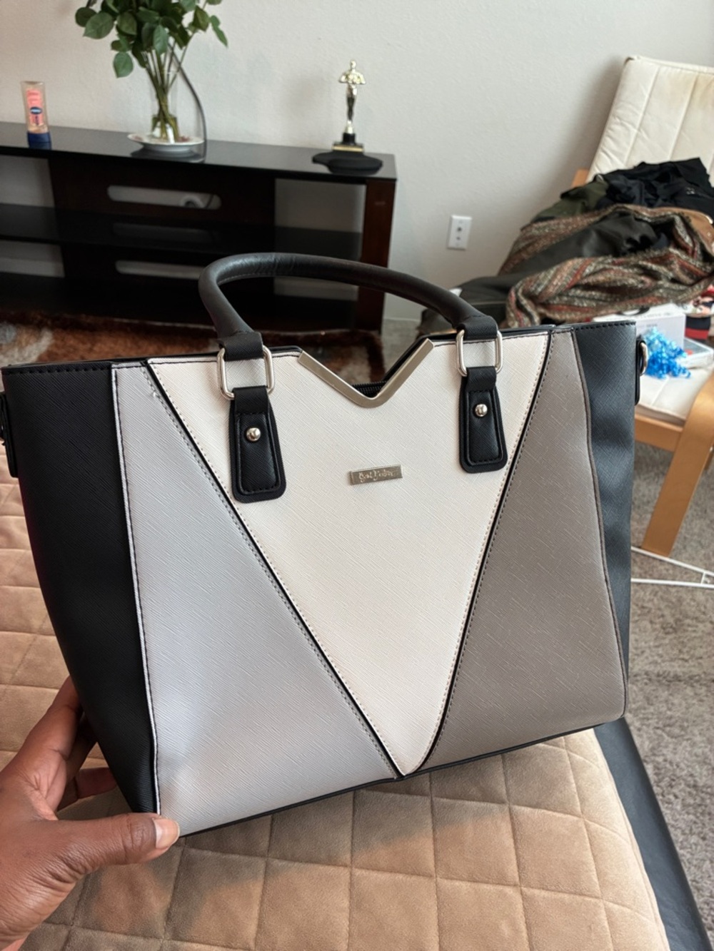 Yani J’ Adore Geometric Colorblock Satchel - Black, White, Gray